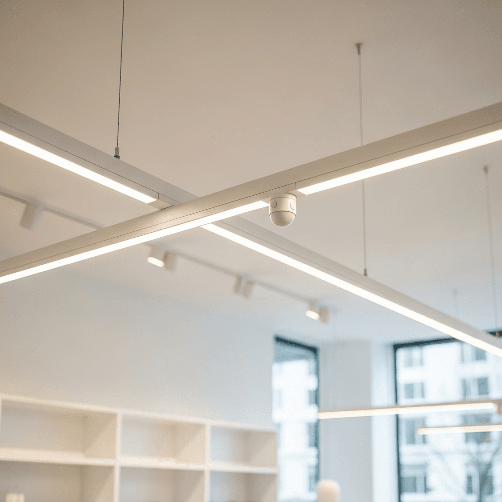Suspended linear LED architectural fixtures with a wireless occupancy sensor in a bright modern retail interior
