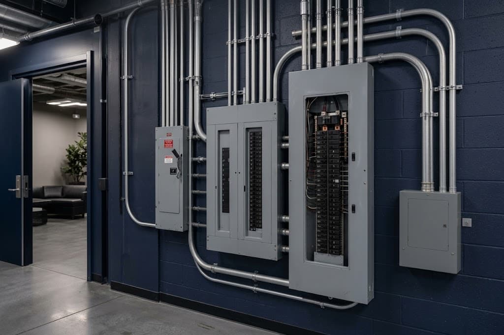 Modern commercial electrical room with distribution panels, clean conduit runs, and organized breaker circuits