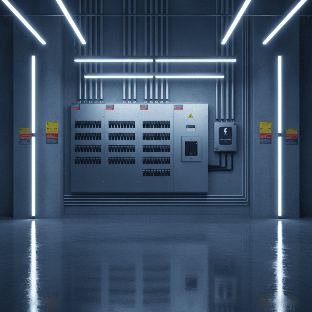 Commercial electrical room with modern switchgear