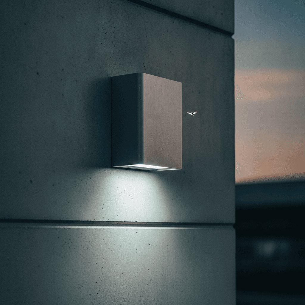 A wall pack fixture mounted on a building exterior after dark.