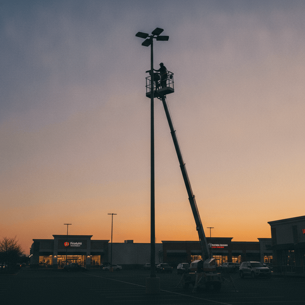 An electrician working from a lift on a pole-mounted fixture.