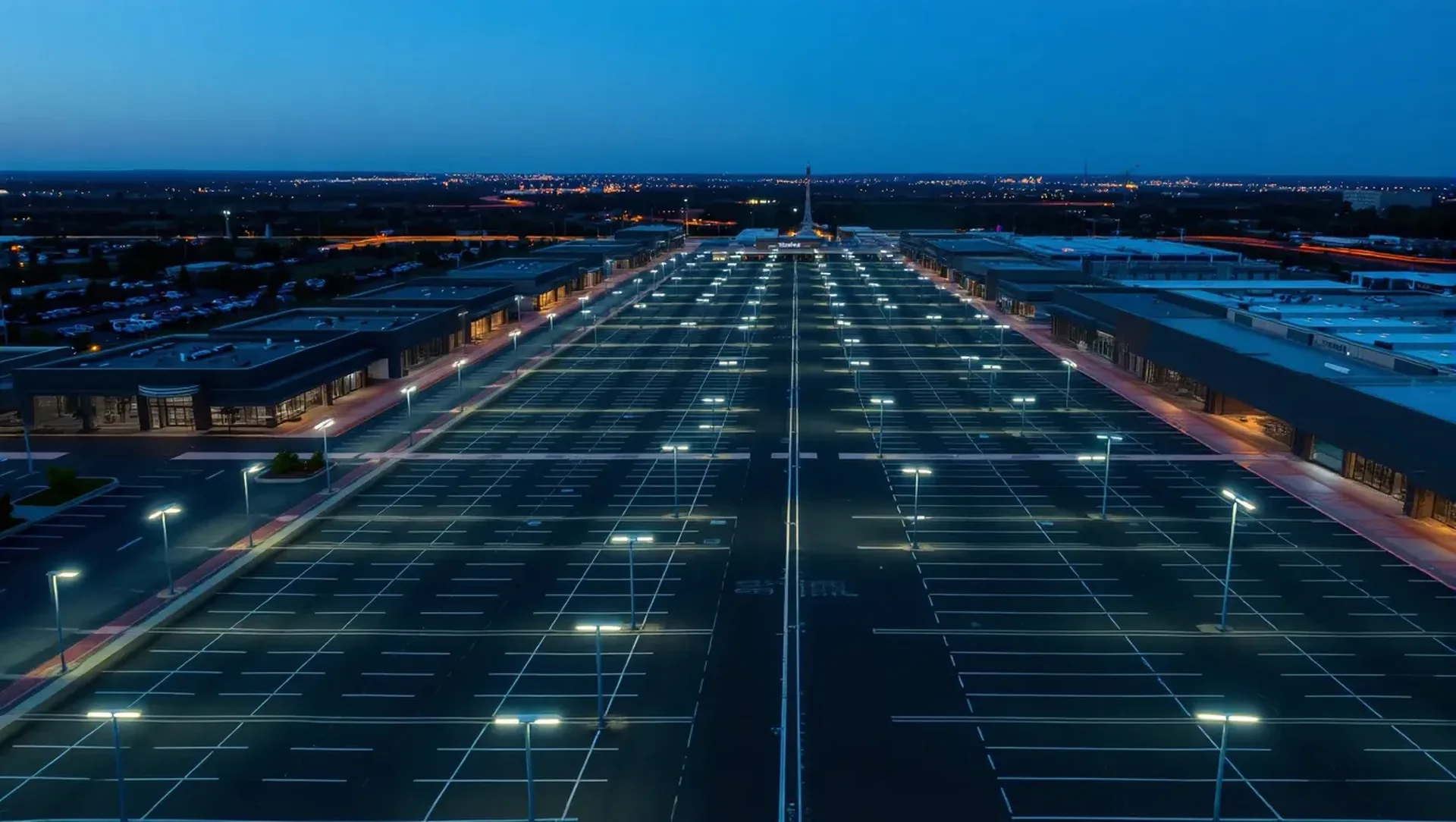 Commercial building illuminated at dusk