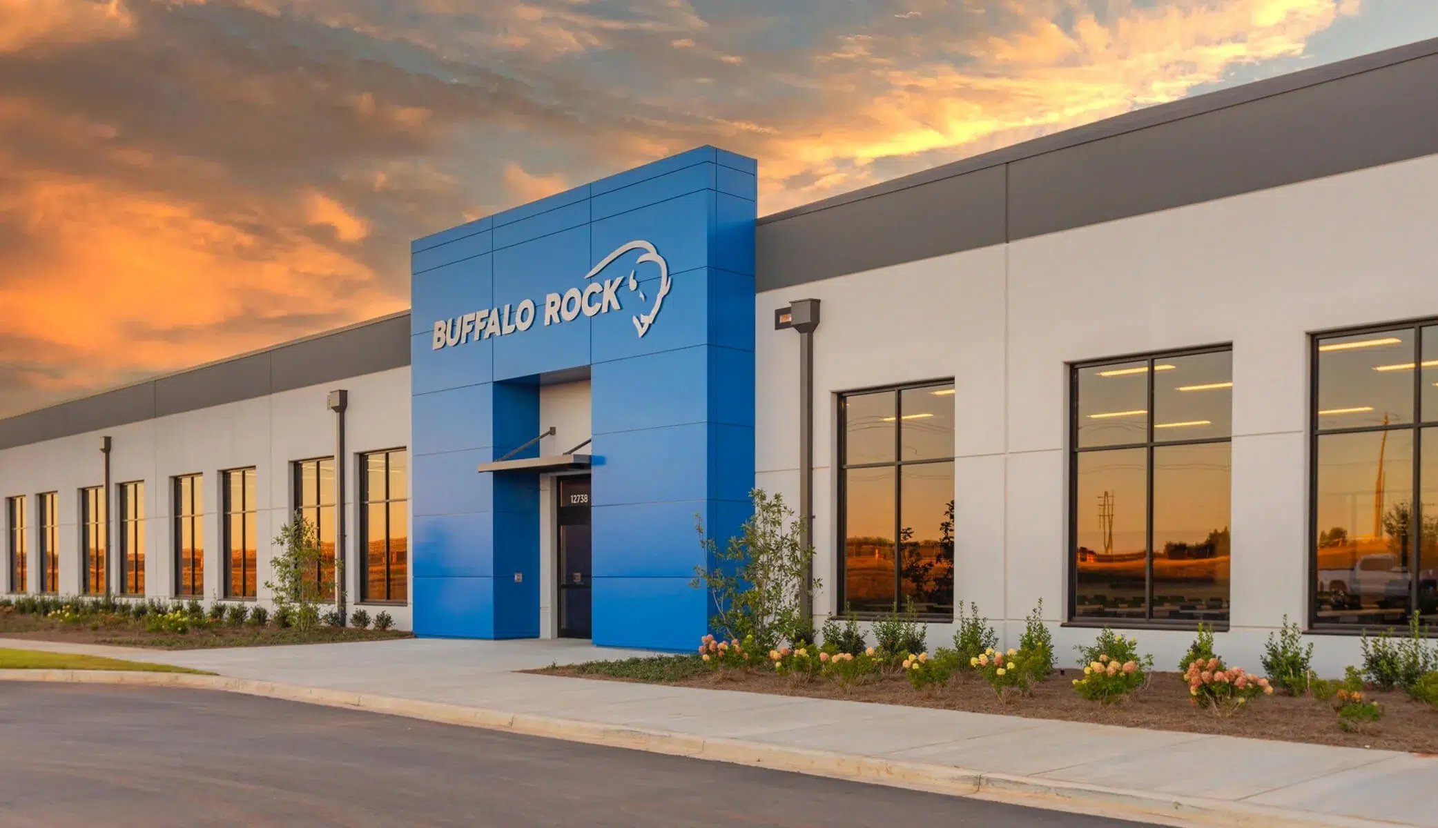 Buffalo Rock facility entrance at sunset